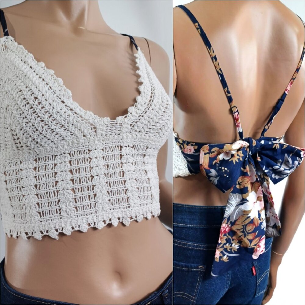 SHEIN Crop Top Blouse Crochet Floral Fabric Spaghetti Straps Tie Back S